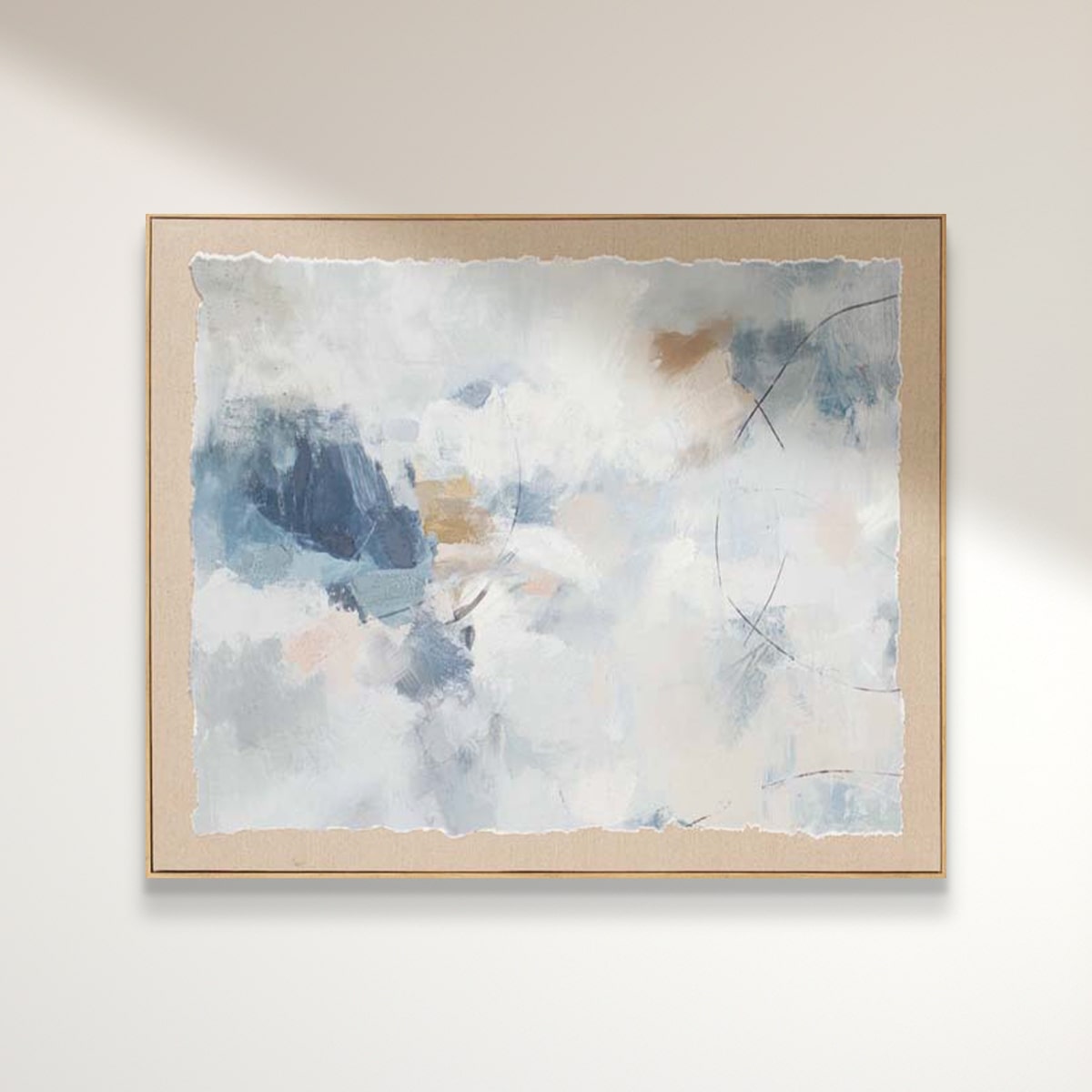 Lifted Light framed abstract watercolour painting on parchment paper with blue and beige tones.