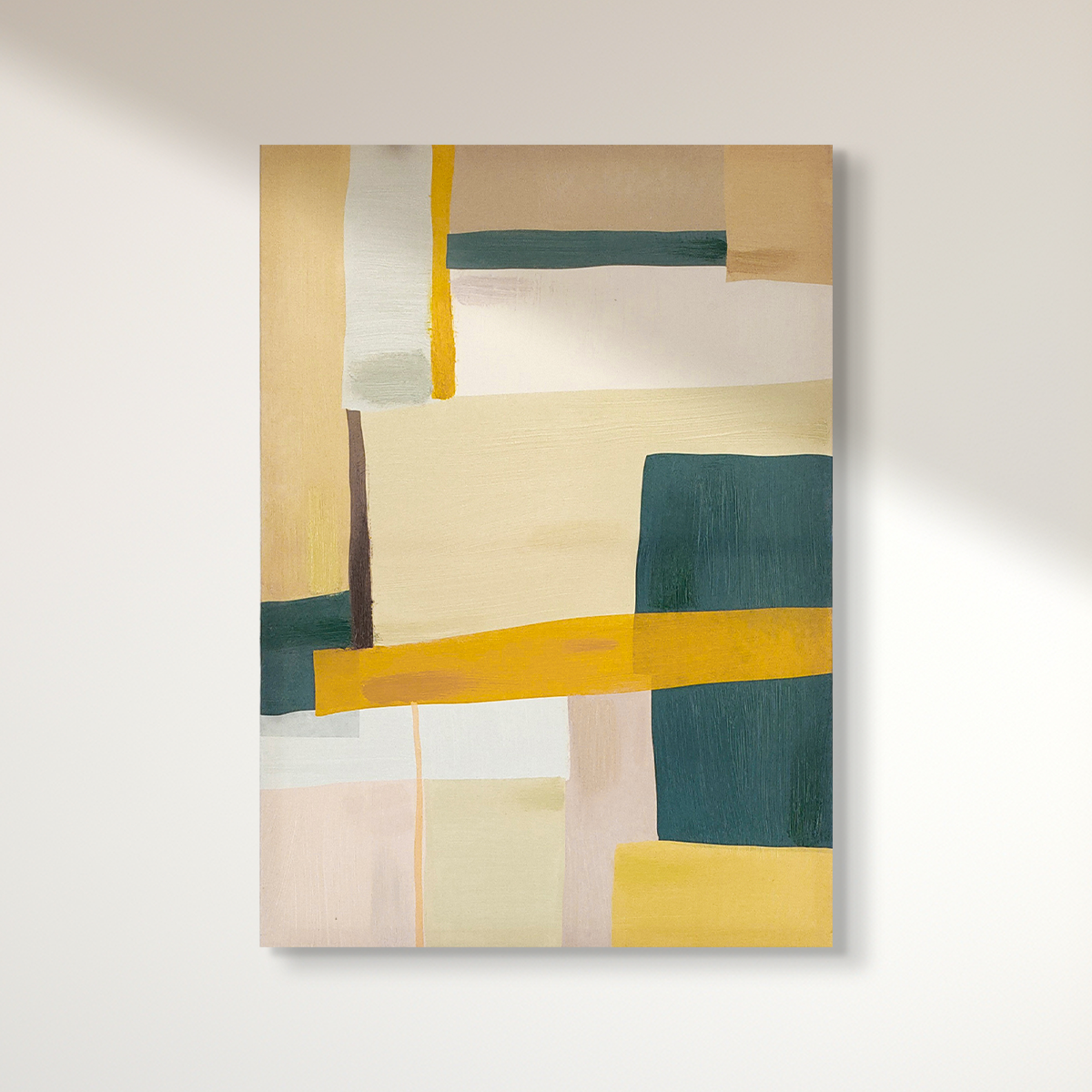 Abstract textured wall art affordable oil painting colourful green and yellow portrait on stretched canvas