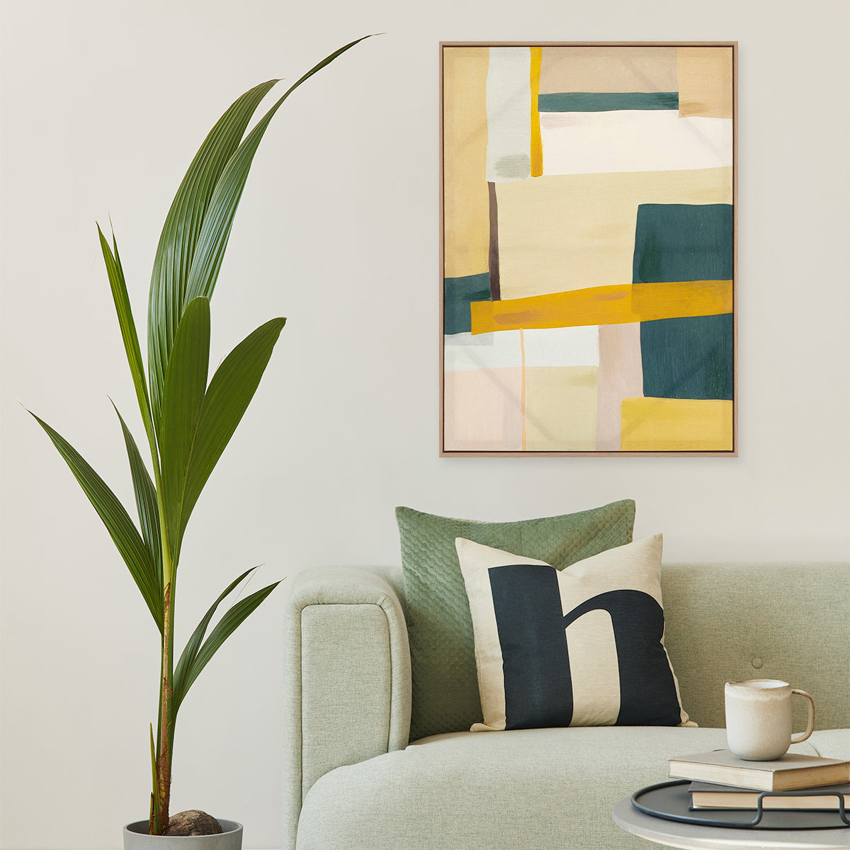 Abstract textured wall art affordable oil painting framed colourful green and yellow portrait in living room