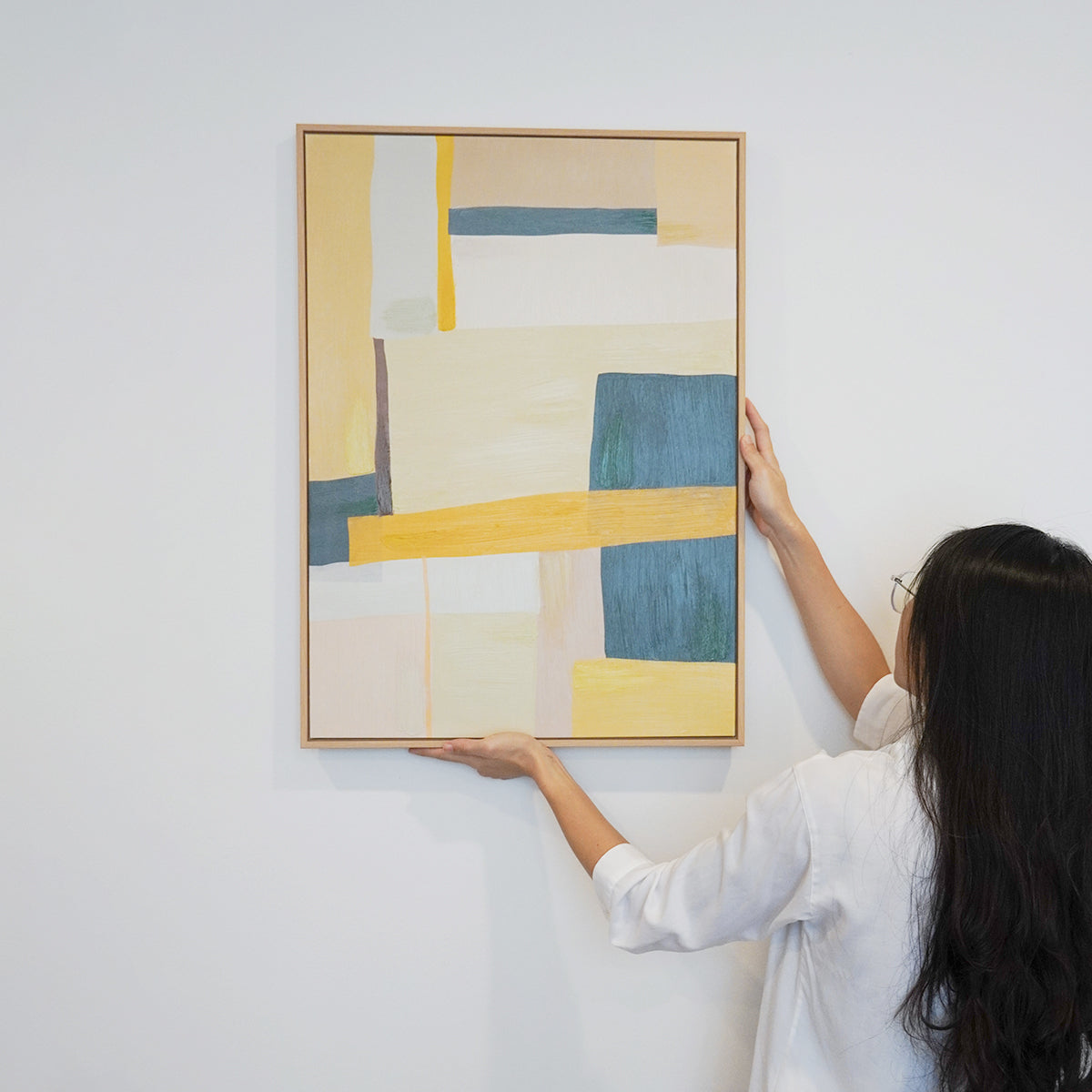 woman hanging Abstract textured wall art affordable oil painting unframed colourful green and yellow portrait