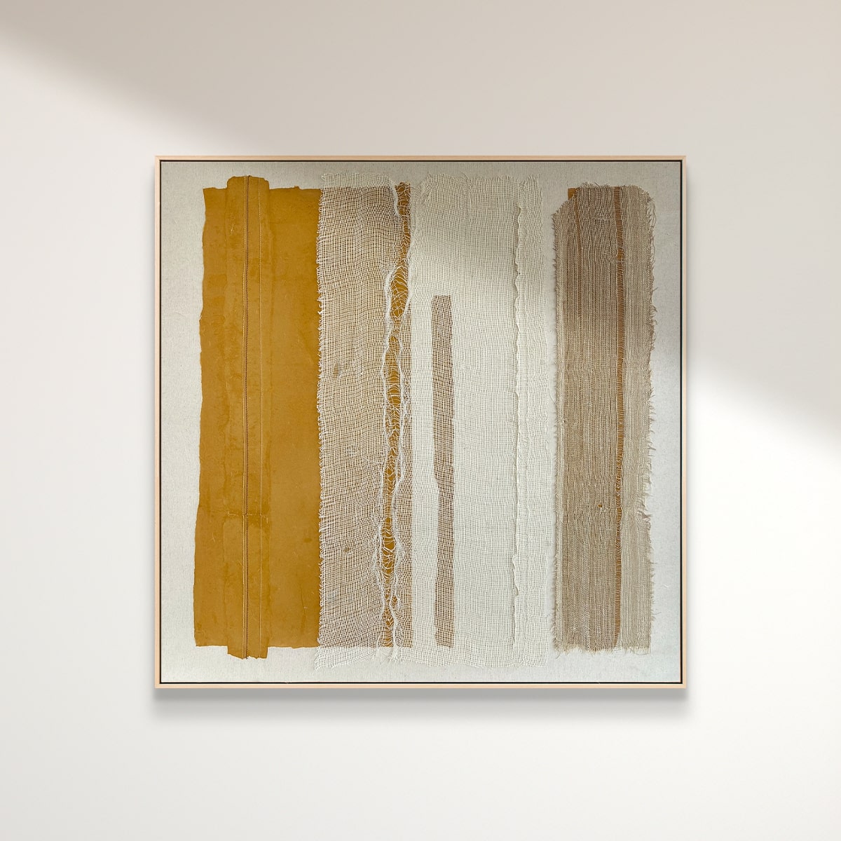 Plentiful abstract art piece with fabric-like, mesh stripes in muted colours on a light gray canvas background.