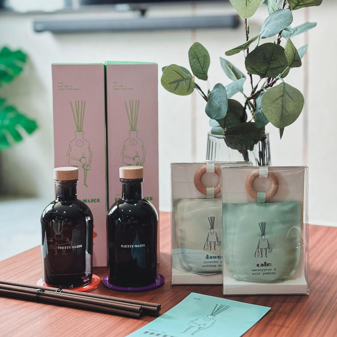 reed diffuser and scented sachet home fragrance in living room