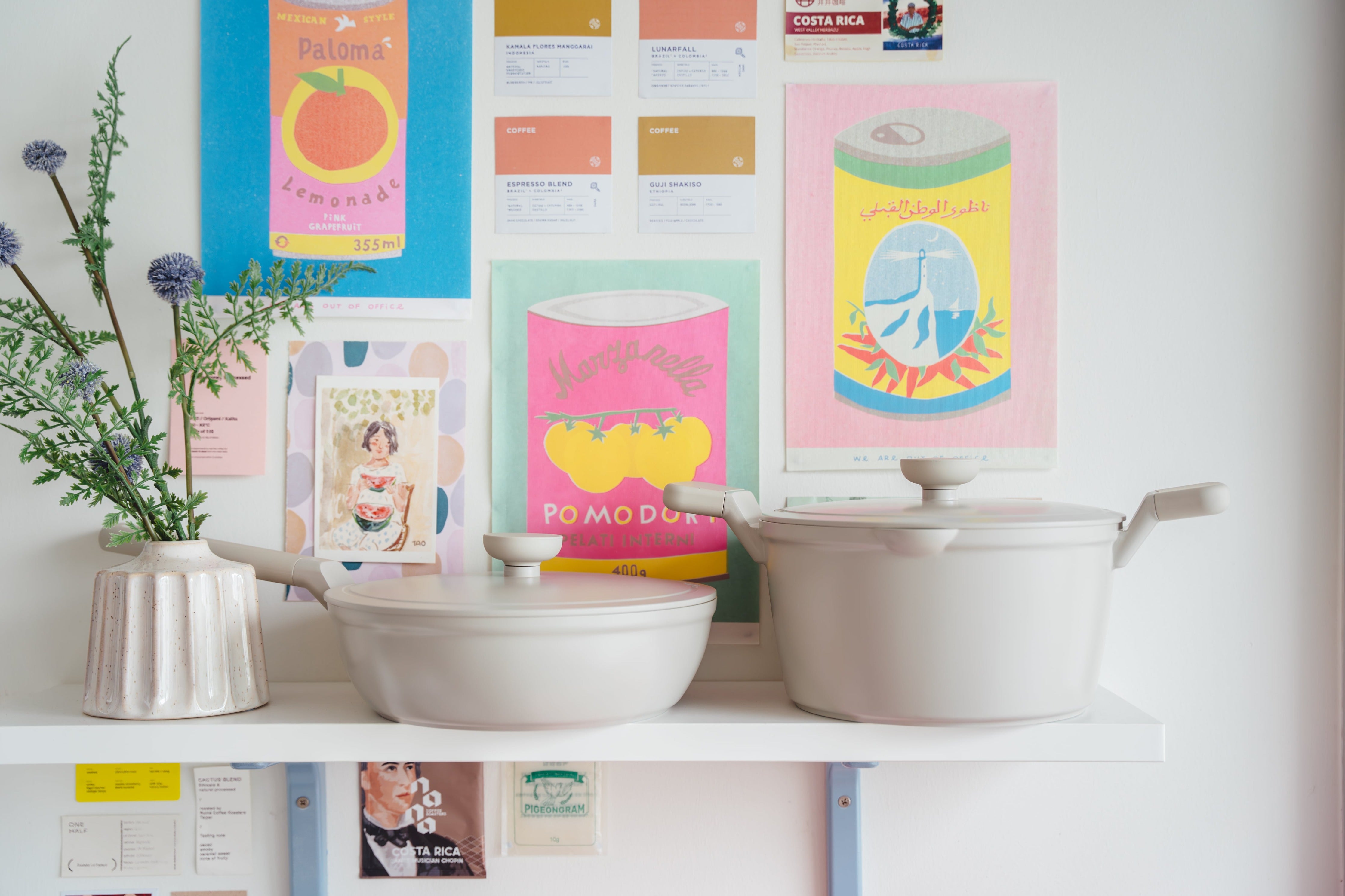 A pair of pot and pan displayed on a shelf