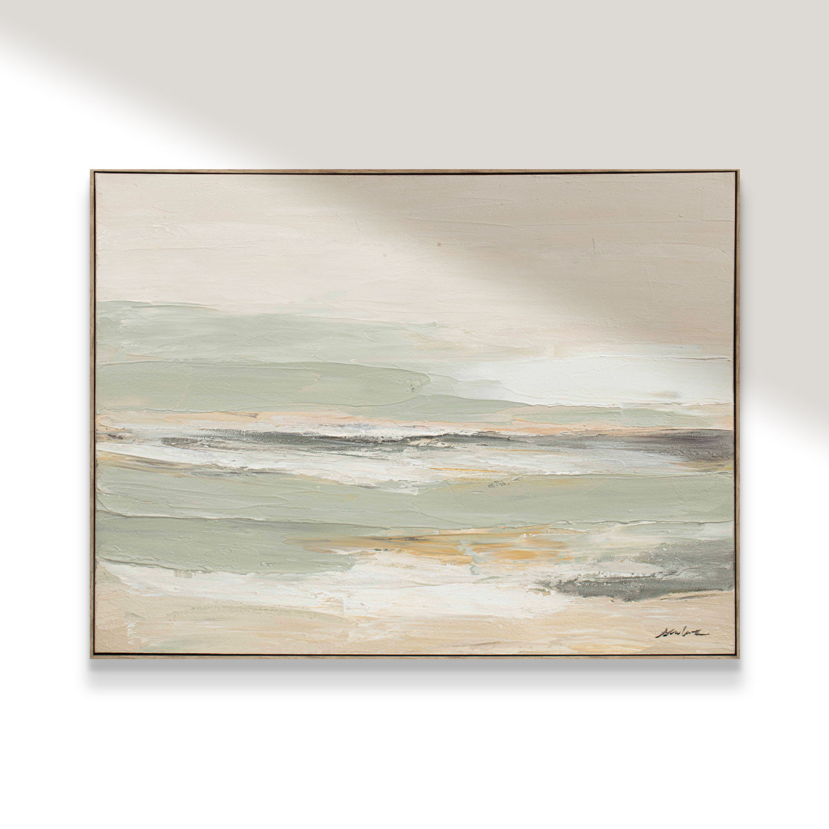 Abstract painting with horizontal brushstrokes in green, beige, and brown on a white wall.