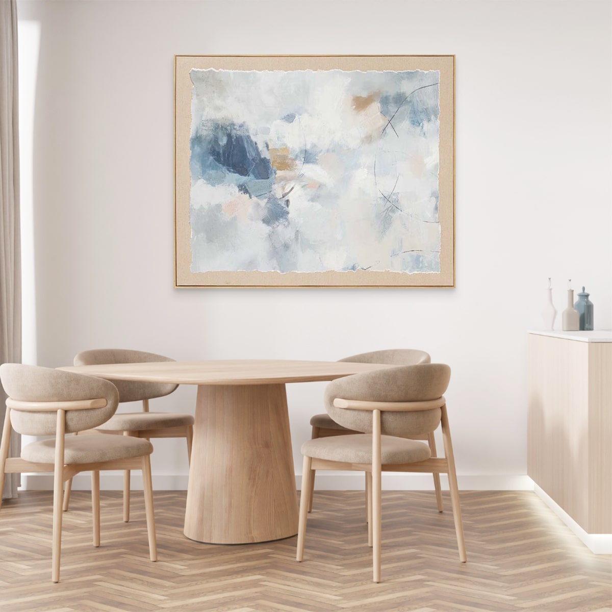 Dining room with wooden table and chairs,  with Lifted Light watercolour abstract painting on the wall.