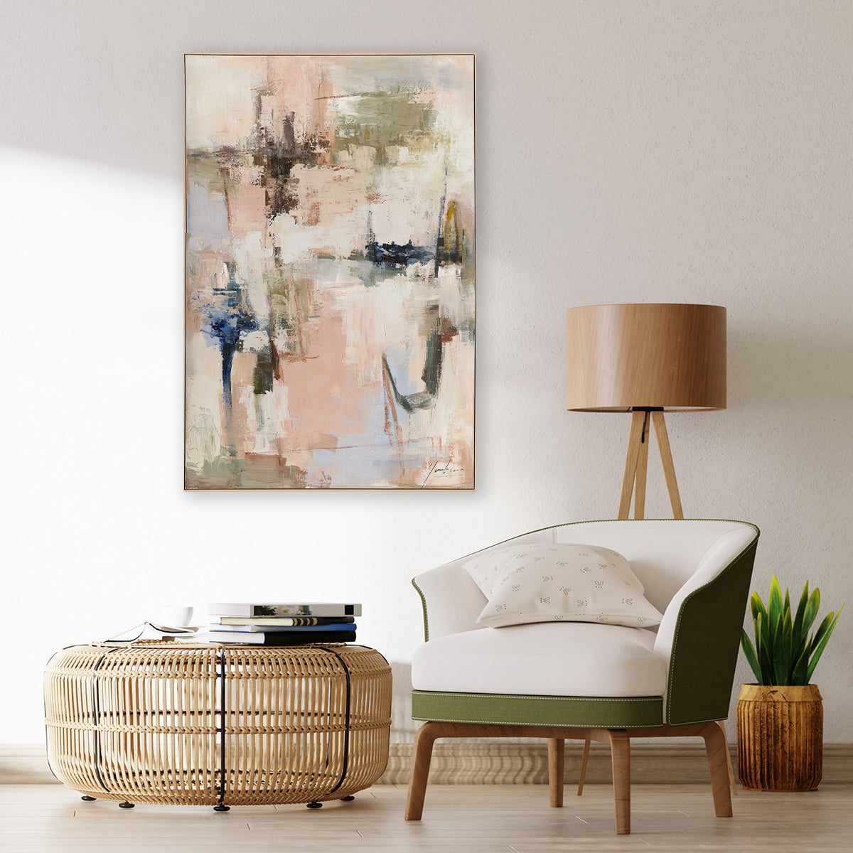 Modern living room with abstract painting, chair, lamp, and coffee table.