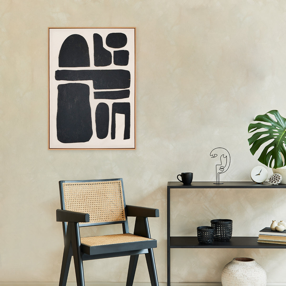 Abstract textured wall art affordable oil painting framed white and black portrait in living room