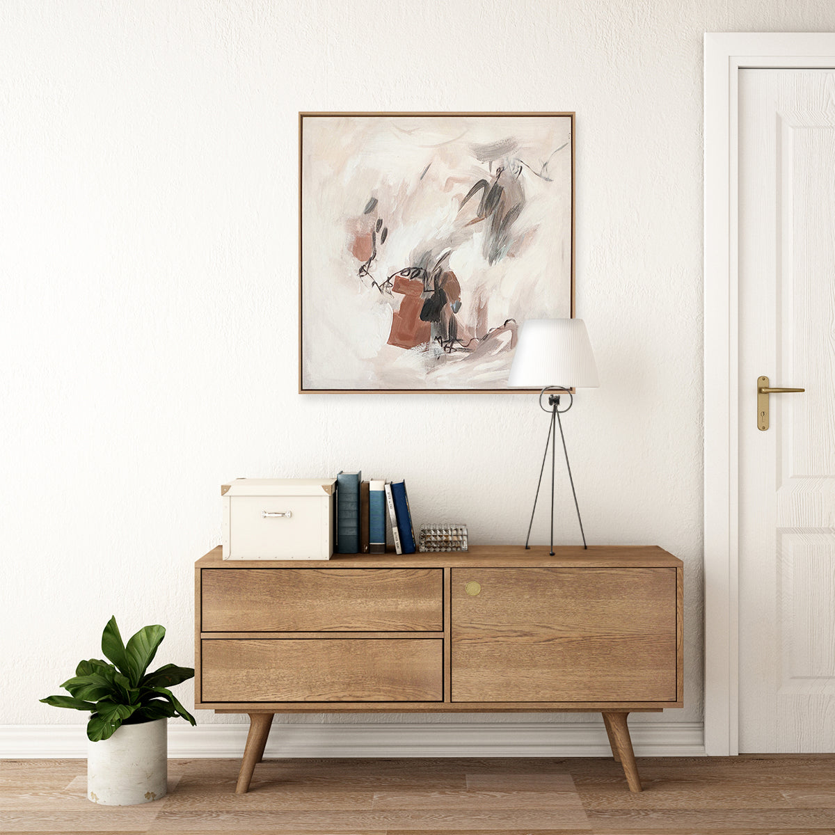 Abstract textured wall art affordable oil painting framed brown square in hallway