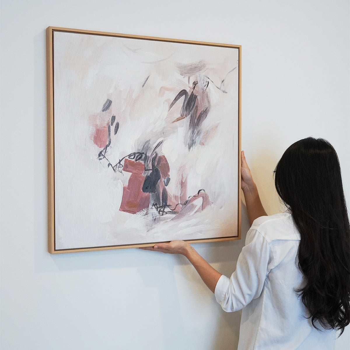 woman hanging Abstract textured wall art affordable oil painting framed brown square